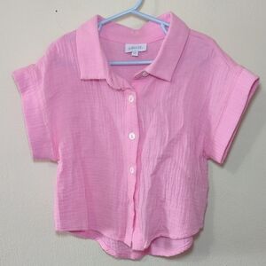 Pleat Pink Button-Down Shirt Cuffed Short Sleeves 100% Cotton Girls Size 7